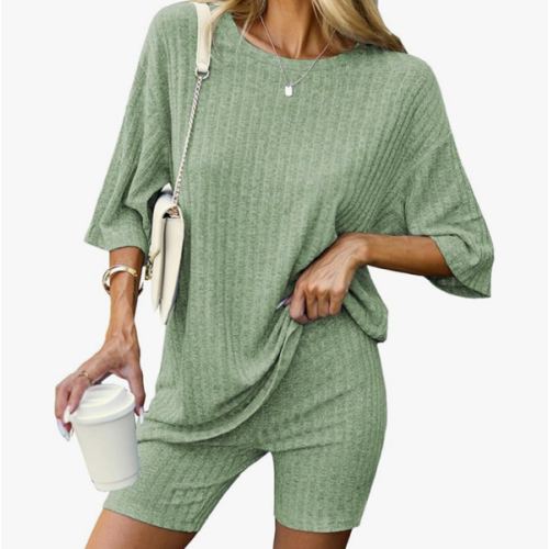 Ekouaer Pajamas 2 Piece Lounge Sets Ribbed Knit Matching Outfits T-shirt Biker Shorts Sleepwear Loungewear Sweatsuits