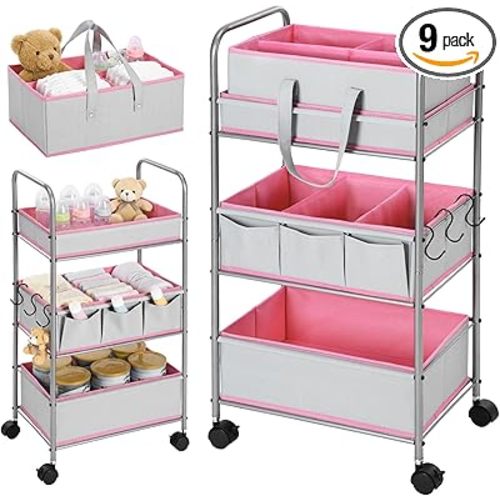 2in1 Colorful Baby Diaper Caddy Organizer Cart 3 Tier Large Capacity Metal Utility Bedside Rolling Cart with Divider for Newborn Nursery Essential Must Have Crib Bedroom Baby Shower(Pink)