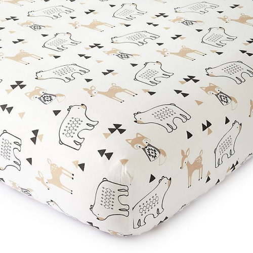 Levtex Baby - Bailey Crib Fitted Sheet - Fits Standard Crib and Toddler Mattress - Tossed Fox, Bear And Deer - Charcoal, Taupe, White - Nursery Accessories - 100% Cotton