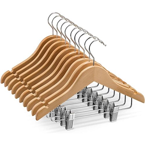 High-Grade Wooden Childrens/Kids Hangers With Clips (10 Pack) Smooth & Durable Wood Baby Hangers / Nursery Hangers - 12.5 Inch - 360° Hook & Cut Notches- Great Toddler Hanger For Dress Skirts Pants - Natural