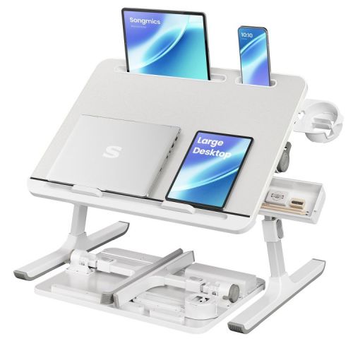 SONGMICS Bed Laptop Desk, Foldable Bed Desk for Laptop, 15.7 x 22 Inches Large Desktop, 120° Stepless Tilt, Adjustable Height, Cup Holder, Tray, Gray