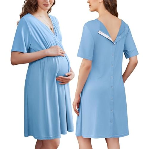 Ekouaer Labor and Delivery Gown for Hospital Short Sleeve Maternity Nursing Dress Nightgown with Button S-XXL