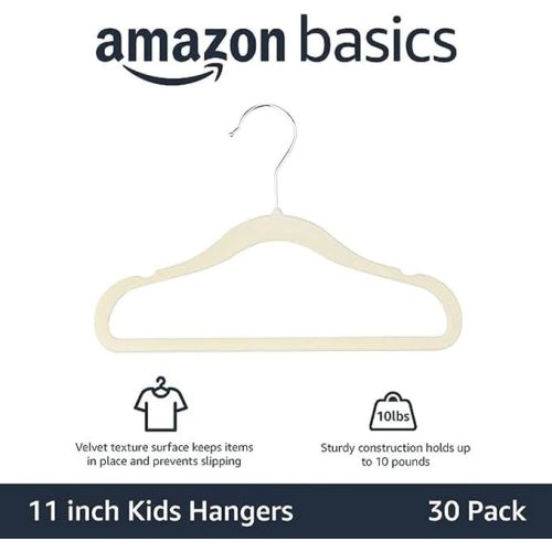 Amazon Basics Kids Velvet, Non-Slip Clothes Hangers (Baby/Toddler), 11.6 inches (for Baby Clothes), Pack of 30, Beige