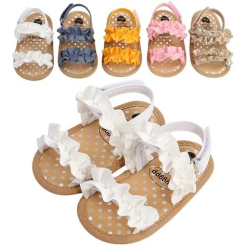 Baby Girl Sandals Soft Sole First Walker Shoes Non Slip Toddler Summer Sandals Adjustable Strap Infant Walking Shoes Ruffle Bow Baby Dress Sandals for 0-18 Months