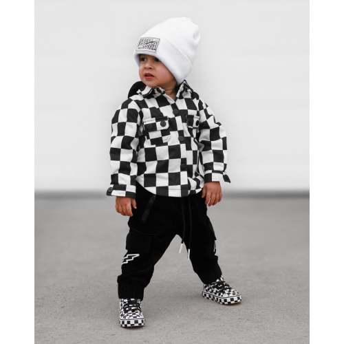 Hooded Flannel in Black + Cream Checkered