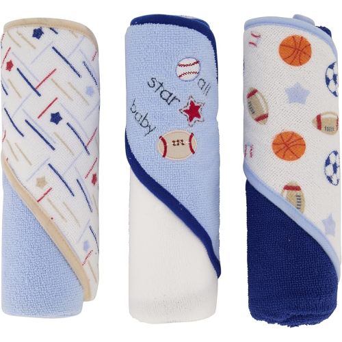 Cudlie Buttons & Stitches Baby Boy 3 Pack Rolled/Carded Hooded Towels in All Star Baby Print (GS71720),3 Count (Pack of 1)