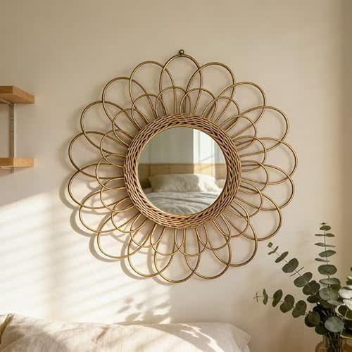 OYPEIP 22" Large Rattan Innovative Art Decoration Round Makeup Mirror Dressing Bedroom Bathroom Wall Hanging Mirrors Craft Photo Props,Glass Decor