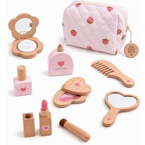 Wooden Pretend Makeup Kit for Toddlers, Non-Toxic Kids Fake Play Make Up Toy Set, Lipstick Perfume Blush Nail Polish Mirror Brush Comb in 1 Bag, Birthday Gift Little Girls Age 3 4 5 6 Year Old