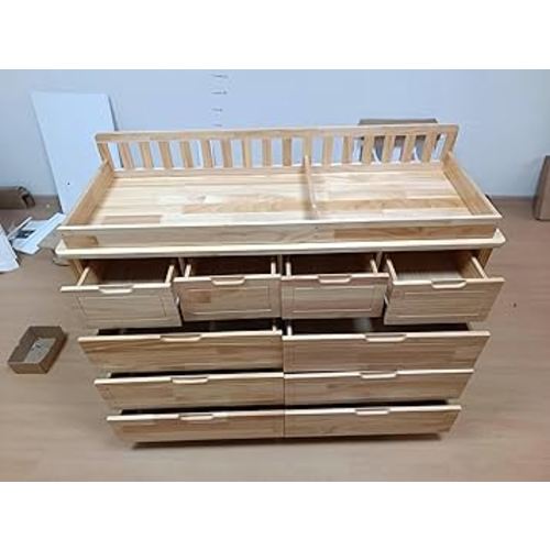 Homsee Baby Changing Table Dresser, 100% Solid Wood Infant Diaper Changing Station Combo, 10-Drawer Baby Nursery Dresser with Removable Tray for Children's Room Bedroom, Nature Color 55.1"W