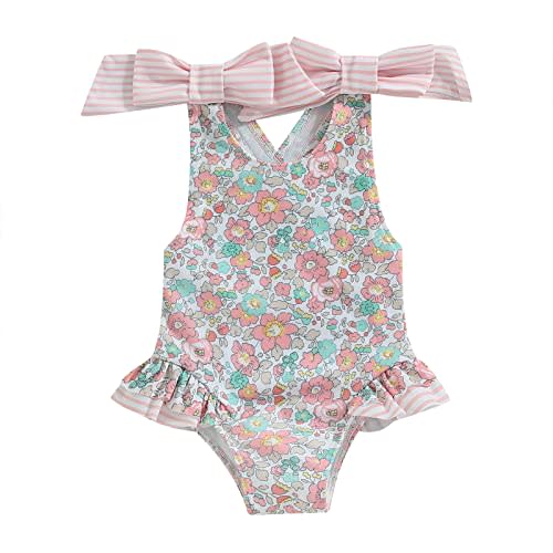 Toddler Girls Strap One Piece Swimsuit Floral Sleeveless Backless Bathing Suit Ruffles Bowknot Swimwear Summer Beach Wear