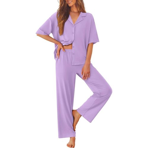 Ekouaer Women Pajamas Set Button Down Sleepwear Short Sleeve Pjs Soft Comfy Nightwear with Long Pants S-XXL