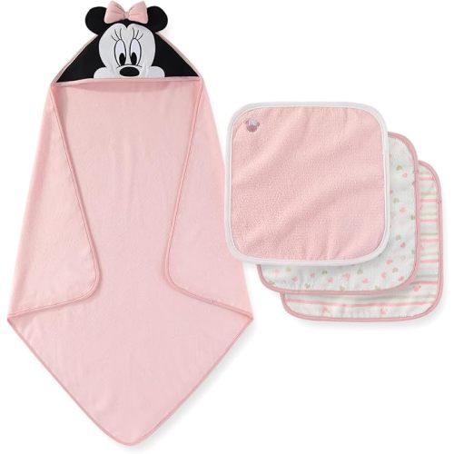 Disney Baby Girls Minnie Mouse Hooded Baby-Bath Towel with 3 Washcloths Set for Newborn and Infants