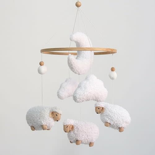 Sheep Baby Mobile for Crib, Cloud Baby Crib Mobile for Girls & Boys, Neutral Crib Toys Hanging, Lamb Baby Mobile for Bassinet, Nursery Decor - Pure White