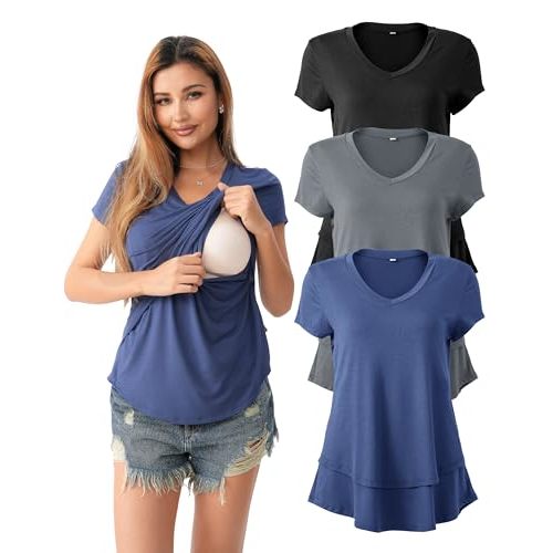 SUNNYBUY 3 Pack Hidden Nursing Tops for Breastfeeding Women Double Layer V Neck Maternity Shirts Postpartum Tee, Black&Charcoal Gray&Navy Blue 2XL