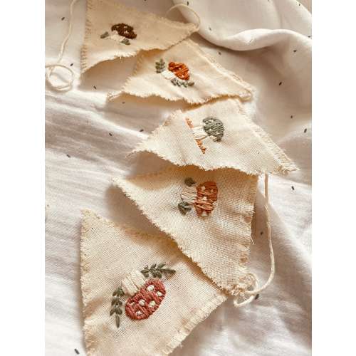 Mushroom Garland with Embroidered Fabric, Cottagecore Nursery Bunting Banner, Boho Woodland Room or Party Decor