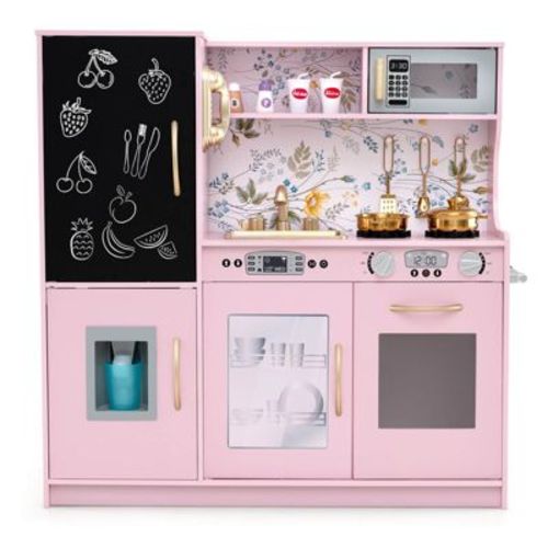 Costway Kid's Pretend Play Kitchen Toddler Kitchen Playset with Blackboard Pink/White/Light Pink/Beige