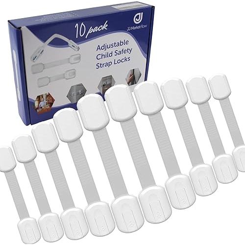 Child Proof Safety Strap Locks 10-Pack - No Drill Cabinet Locks Baby Proofing, 3M Adhesive for Drawers, Cabinets, Fridge, Toilet, Baby Proofing for Child Safety