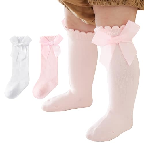 Baby Knee High Socks Newborn Cotton Ruffle Bow Socks Infant Long Sock Toddler Girls Uniform Stockings