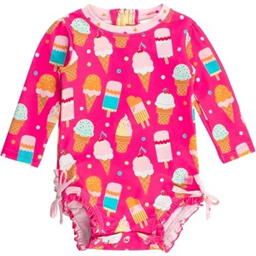 RuffleButts Baby Girls Novelty Baby One Piece - Rash Guard Swimsuit UPF 50+