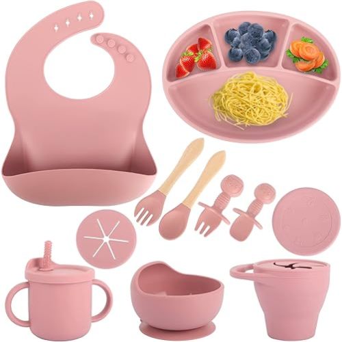 Silicone Baby Feeding Set 11pc, Baby Led Weaning No Mess Divided Suction Plate and Bowl, Silicone Bib, Spoon and Fork, Sippy Cup and Snack Cup, BPA Free Feeding Utensils, Dishwasher Safe (Pink)