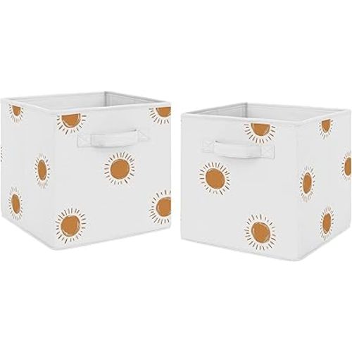Sweet Jojo Designs Orange and White Boho Sun Foldable Fabric Storage Cube Bins Organizer Toys Baby Pumpkin Orange Retro Bohemian Celestial Sunshine Outdoors Nature Minimalist Gender Neutral - Set of 2