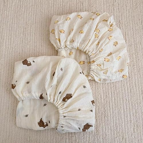 BuLuTu Muslin Cotton Crib Sheets Neutral Baby Boys Girls, 2 Pack Fitted Sheets for Standard Mattress 52"x28", Cute Animal Print Toddler Bed Sheet Nursery Decor, Bear & Duck