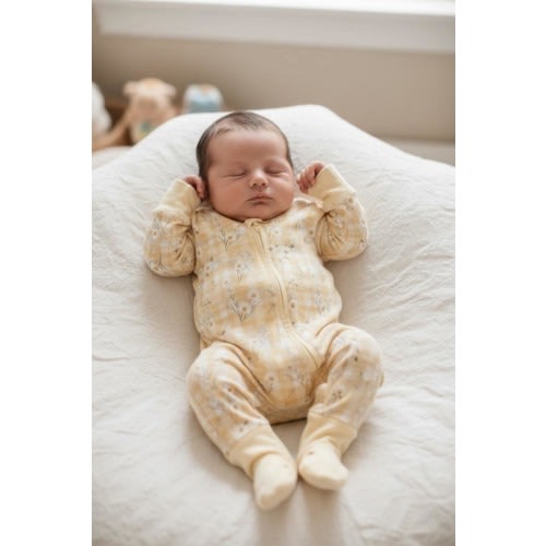 Yellow Floral Bamboo Baby Zipper Romper: Daisy Newborn Coming Home Outfit