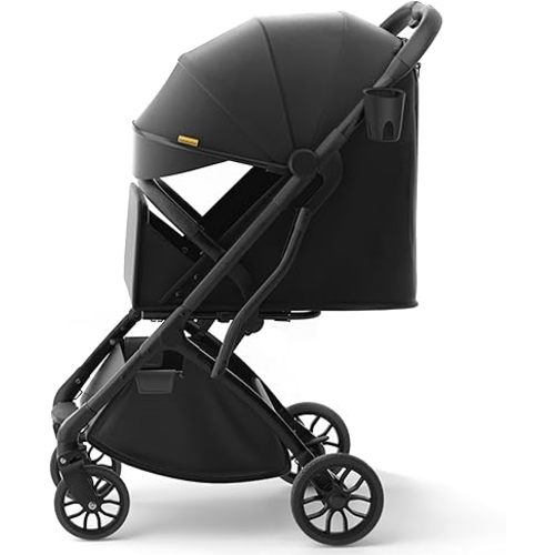 newyoo GlideTow TR18M Compact Travel Stroller for Infant, Lightweight Foldable Baby/Toddlers Stroller with Luggage Handle & Cup Holder, One-Hand Easy Fold, Lay-Flat Seat, Black