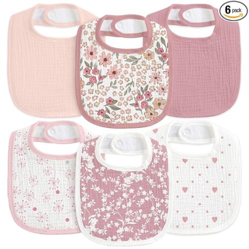 6-Pack Muslin Baby Bibs for Drooling & Teething, Absorbent Bib | Soft Cotton Baby Drool Bib for Baby Boy Girl, Easy Adjustable Bibs for Toddlers, Newborn, Infants 0-36 Months Pink Flower