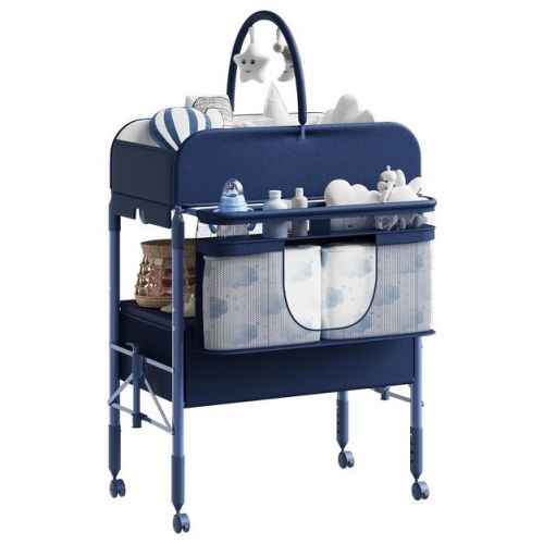 Baby Changing Table with Storage, Foldable Diaper Changing Station with 2 Baskets, Height-Adjustable Waterproof Table for Newborns & Infants, Blue