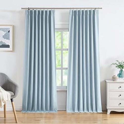 Pinch Pleated Blackout Curtain Panels with Full Blackout Liner Linen Texture Window Treatment Sets with Back Tab for Living Room Bedroom Thermal Insulated Drape with 9 Hooks, 40"x90"x2, Dusty Blue