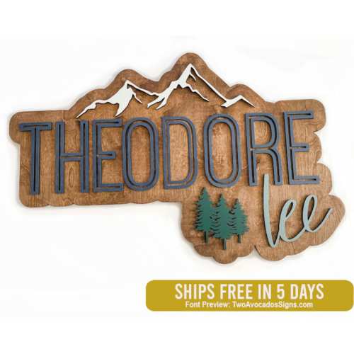 Mountains name sign, large wood name sign, nursery name sign, mountains nursery, above crib cut out, layered baby name sign, cut out sign