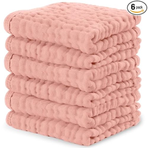 Comfy Cubs Muslin Baby Washcloths 6 Pack - Soft 6-Layer Cotton Wash Cloths for Sensitive Skin - 10"x10" Large, Gentle, Absorbent Infant Essentials for Newborn and Toddlers - Bold Blush