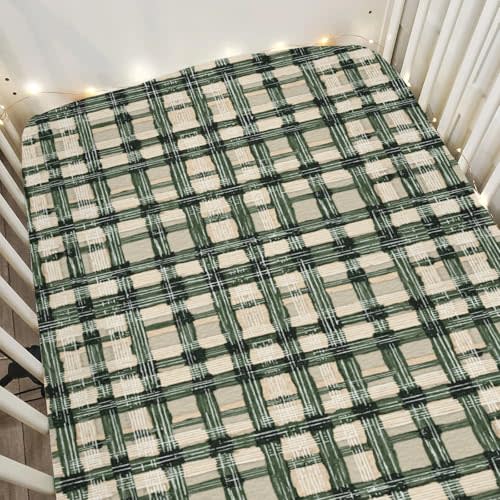 Watercolor Green Tartan Baby Crib Sheets for Boy Girl 28"x52" Vintage Green Plaids Soft Stretchy Fitted Crib Mattress Cover Checkered Baby Sheet for Standard Crib and Toddler Bed Mattress