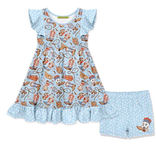 Millie Loves Lily Girls Blue Howdy Boots Dress & Dot Short Set,Big Girl,Size 10(2PCS)