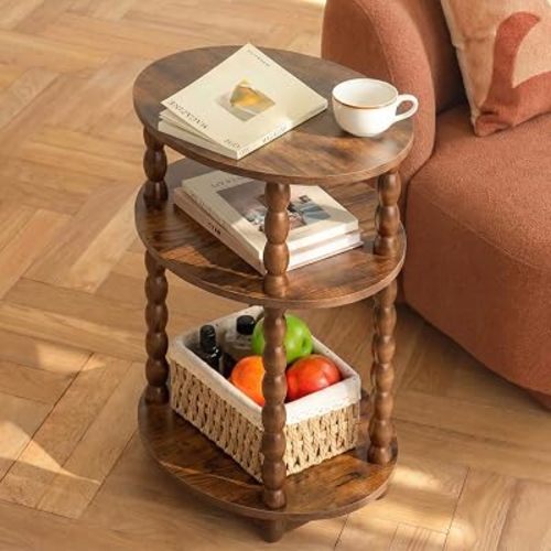 3-Tier Oval Side Table, Small End Table with Solid Wood Spindle Legs Brown
