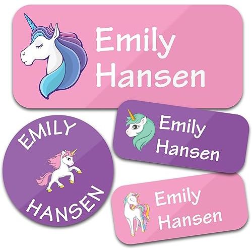 Personalized Daycare Name Labels for Kids (130 Labels) - Custom Waterproof Name Stickers for Clothing Tags, Water Bottles, Lunch Boxes and School Supplies (Unicorns)