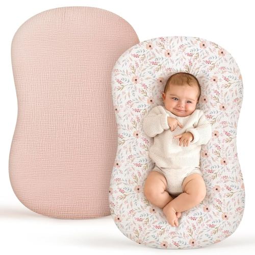Termichy Baby Lounger Covers Muslin: Soft and Breathable Slipcover for Snuggle Me Lounger - Machine Washable & Zipper-Free for Safe Daily Use - Pink Floral for Girls