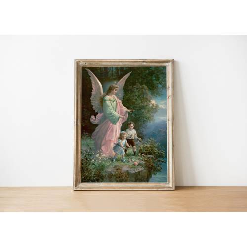 Guardian Angel Painting: Catholic Wall Art, Nursery Decor, Antique Oil Painting, Religious Gift