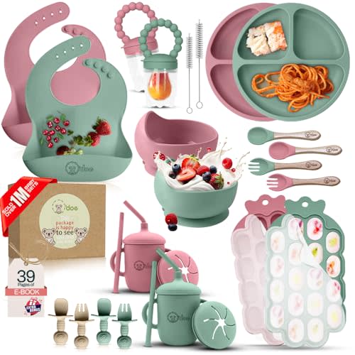 Feeding Set V5 Silicone Baby Feeding Set – Dual‑Colour Bundle (Pink & Green) – Complete Self‑Feeding Kit for Babies
