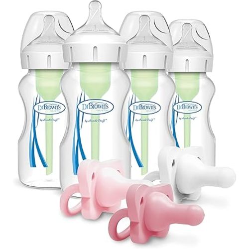 Dr. Brown’s Natural Flow® Anti-Colic Options+™ Wide-Neck Baby Bottle, 9 oz/270 mL, Level 1 Nipple, 4-Pack, 0m+ with HappyPaci 100% Silicone Pacifier 0-6m, BPA Free, White, Pink, Light Pink, 3 Pack