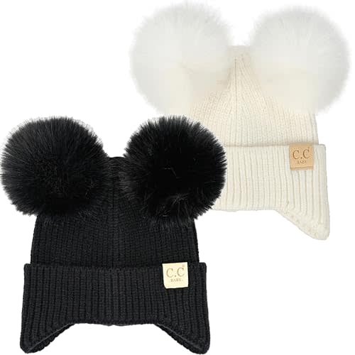 Funky Junque Double Pom Pom Baby Beanie – Newborn Girl Winter Hat 0–12 Months, Cute Cozy Knit Infant Beanies for Cold Weather