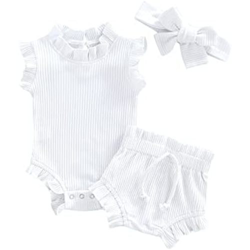 Baby Girl 3Pcs Summer Clothes Sets Infant Girl Rib Sleeveless Romper and Drawstring Ruffle Short Set Solid Color Outfits