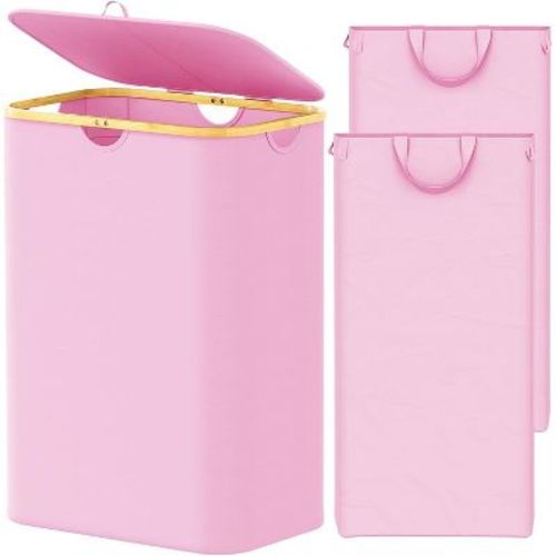 Laundry Hamper 2-compartment with 2 Removable Bags, 160L Collapsible Basket with Lid and Bamboo Handles – SpaceAid