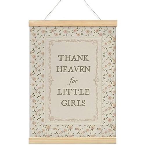 NaZaUK Baby Girl Nursery Wall Art Poster Hanger Frame, Thank Heaven for Little Girls Quotes Wall Decor, Vintage Farmhouse Floral Decor Aesthetic for Nursery Bedroom Home, 12x16 Inch