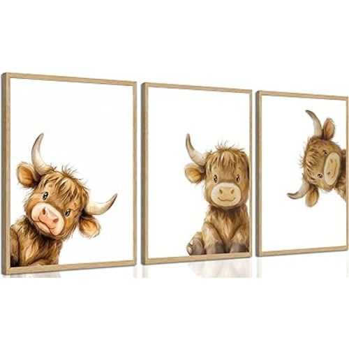 3pcs Nursery Highland Cow Wall Art Cow Baby Painting Picture Wall Decor Farmhouse Cute Animal Posters Prints Artwork for Nursery Children's Room Bathroom Home Decoration Unframed