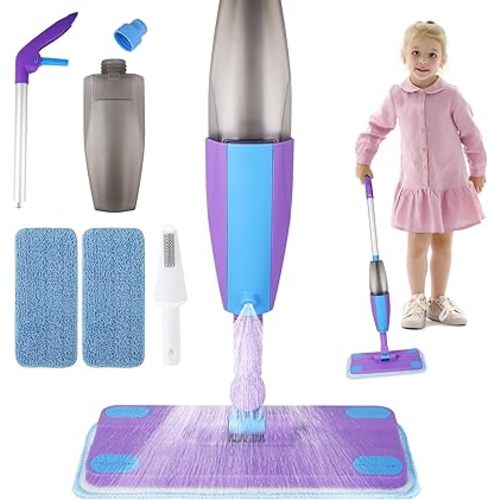 Kids Spray Mop, Real Working Toddler Cleaning Set with Water Sprayer & 2 Washable Mop Pads & Scraper, Pretend Play Montessori Housekeeping Toys Gifts for Toddlers Kids Girls Boys (Blue&Purple)