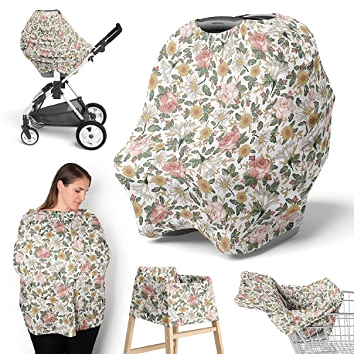Sweet Jojo Designs Vintage Floral Boho Girl Infant Baby Car Seat Cover Nursing Breastfeeding Shopping Cart Stroller Canopy Blush Pink Yellow and Green Bohemian Shabby Chic Rose Flower Farmhouse White