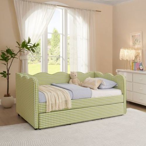 Zeus & Ruta Twin Daybed with Trundle & Wavy Headboard - Green