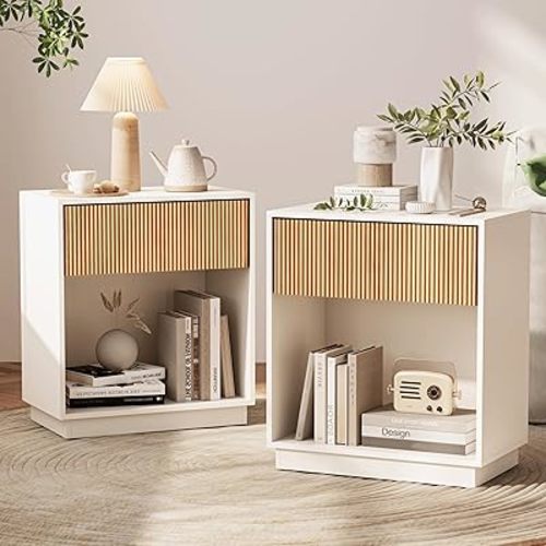 Fluted Nightstands Set of 2, Modern Bedside Table with Drawer and Storage Shelf, Wood End Table Mid Century Night Stands for Bedroom Living Room Sofa Couch Office (White)